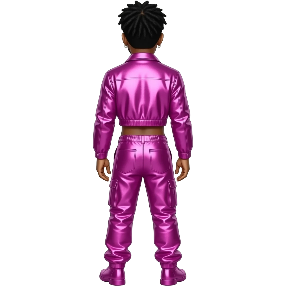 Lil Nas X from behind with black hair, hot pink metallic jacket crop top, hot pink metallic baggy pants, fuchsia metallic shoes emoji