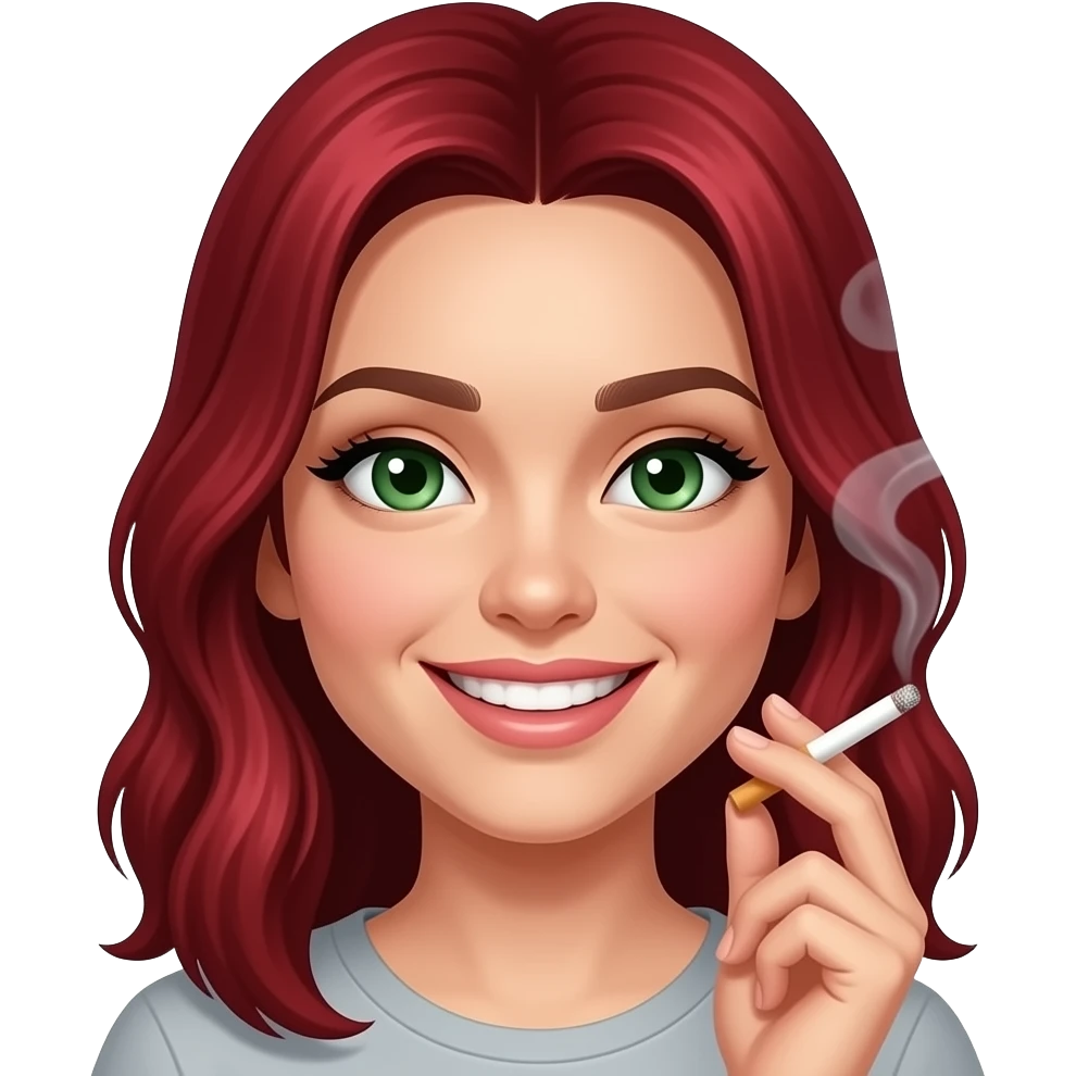 Ruby red  haired girl smoking weed. With smoke. Green eyes. Smiley and flirty. No bangs emoji