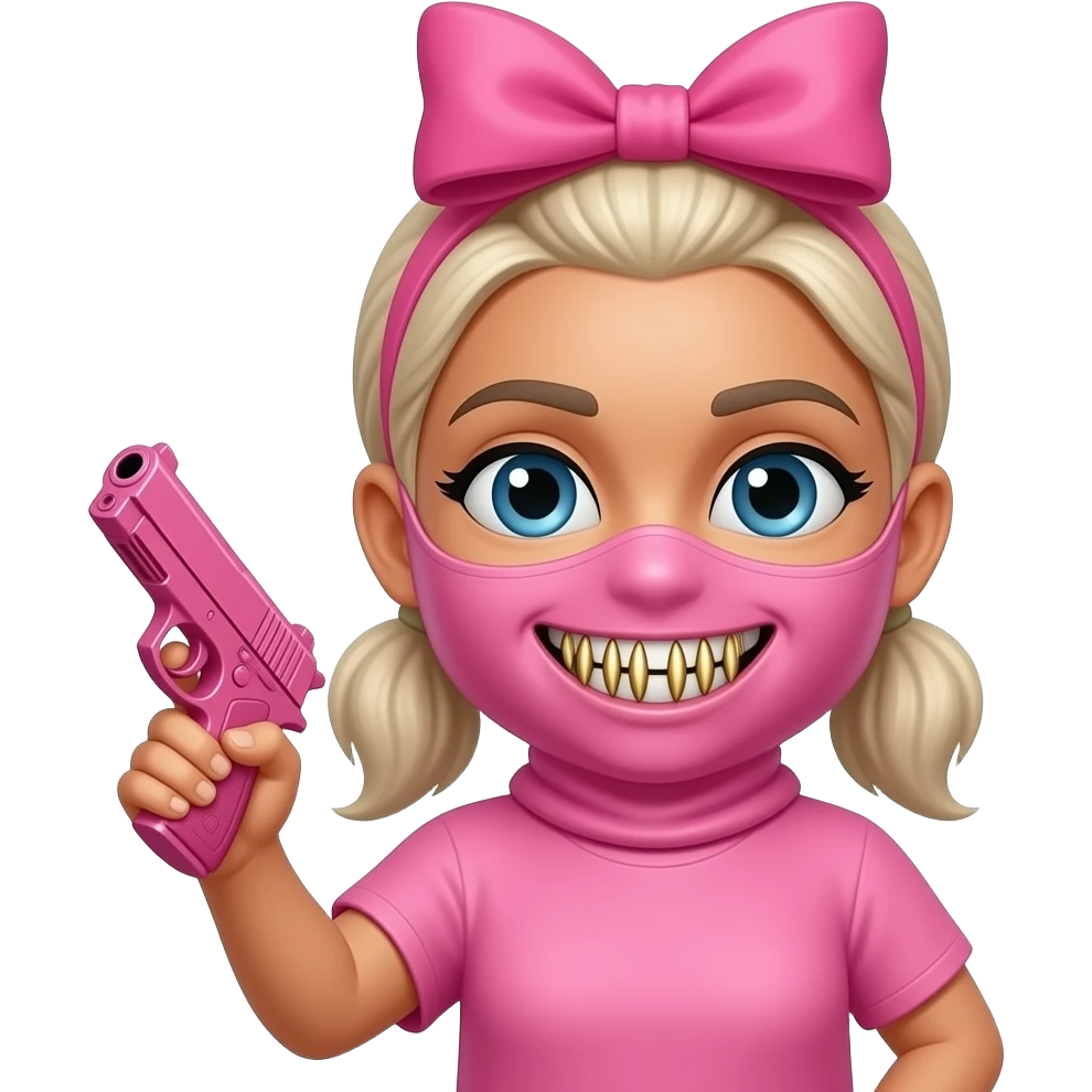 YN Smiley face with grillz, wearing a pink ski mask. holding a pink gun, bow on top of the head emoji