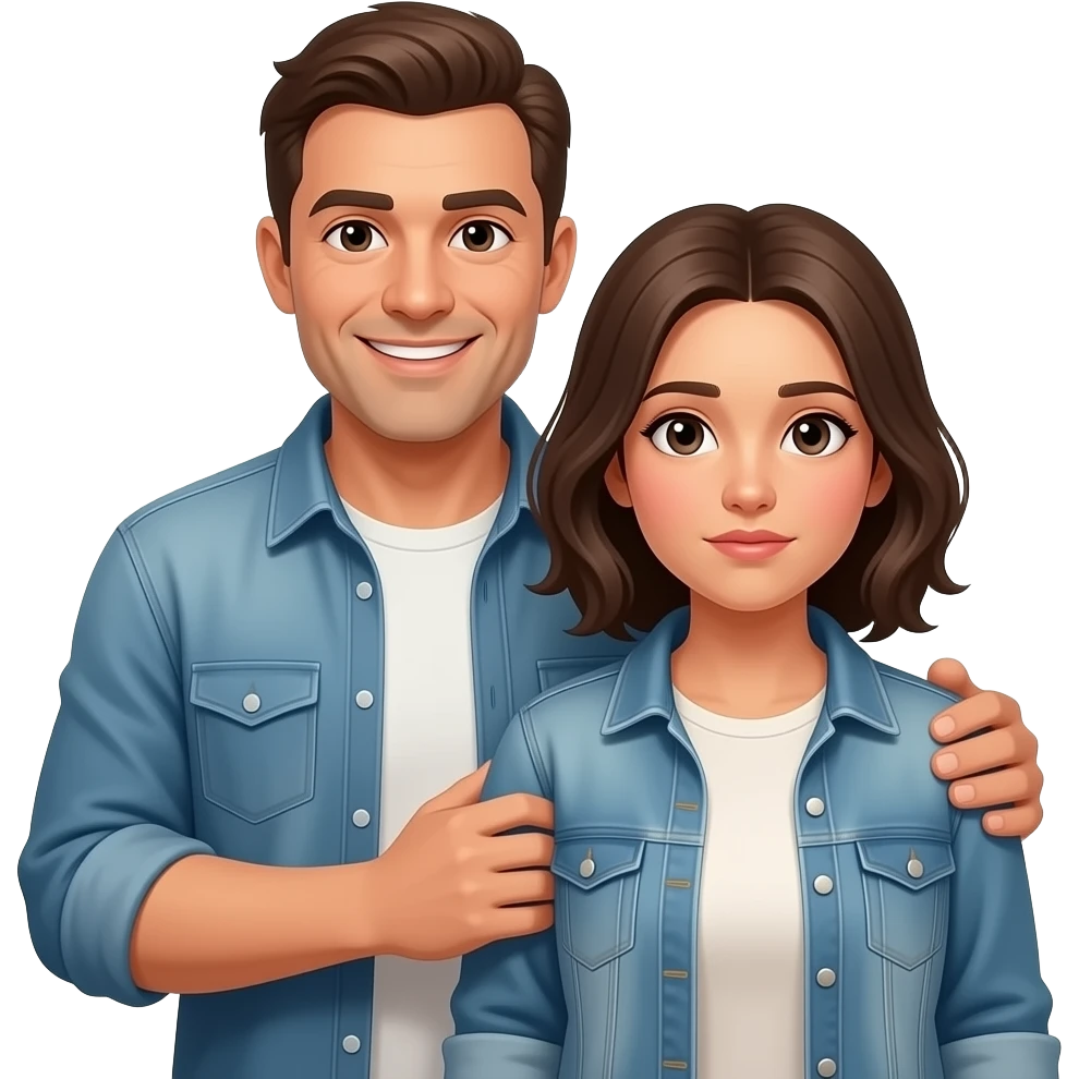 serious guy, do not  smile, protecting poor humble young woman, she has neutral face expression, both wearing street casual clothes emoji