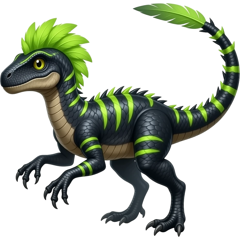 Cool edgy ancient black-scaled with neon-colored stripe markings digitigrade bipedal vintage futuristic raptorik fantasy-Cyberpunk-Steampunk-Solarpunk-Genesect-Salamence-Tyranitar-Salazzle-Feraligatr-Fakémon-animal-hybrid, with neon-green feather-mane, and a tail blade, back spikes, full body emoji