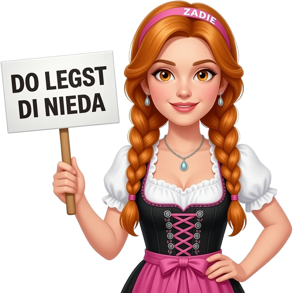 sexy girl with overlong ginger braids and ginger eyes wearing a black pink dirndl and a pink headband with ZADIE written on it, is holding a sign with DO LEGST DI NIEDA written on it emoji