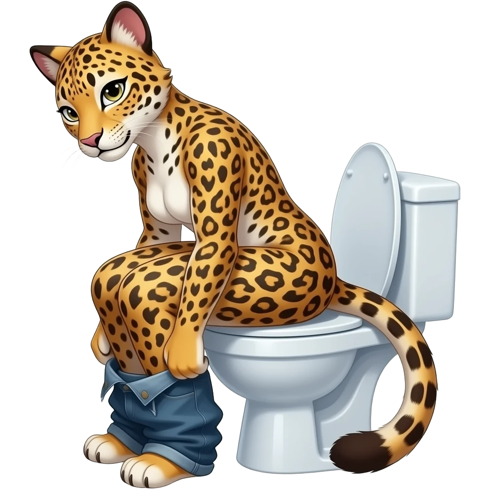 Female leopard furry person woman,sit on toilet,suffering,fursona,pants down,side view emoji