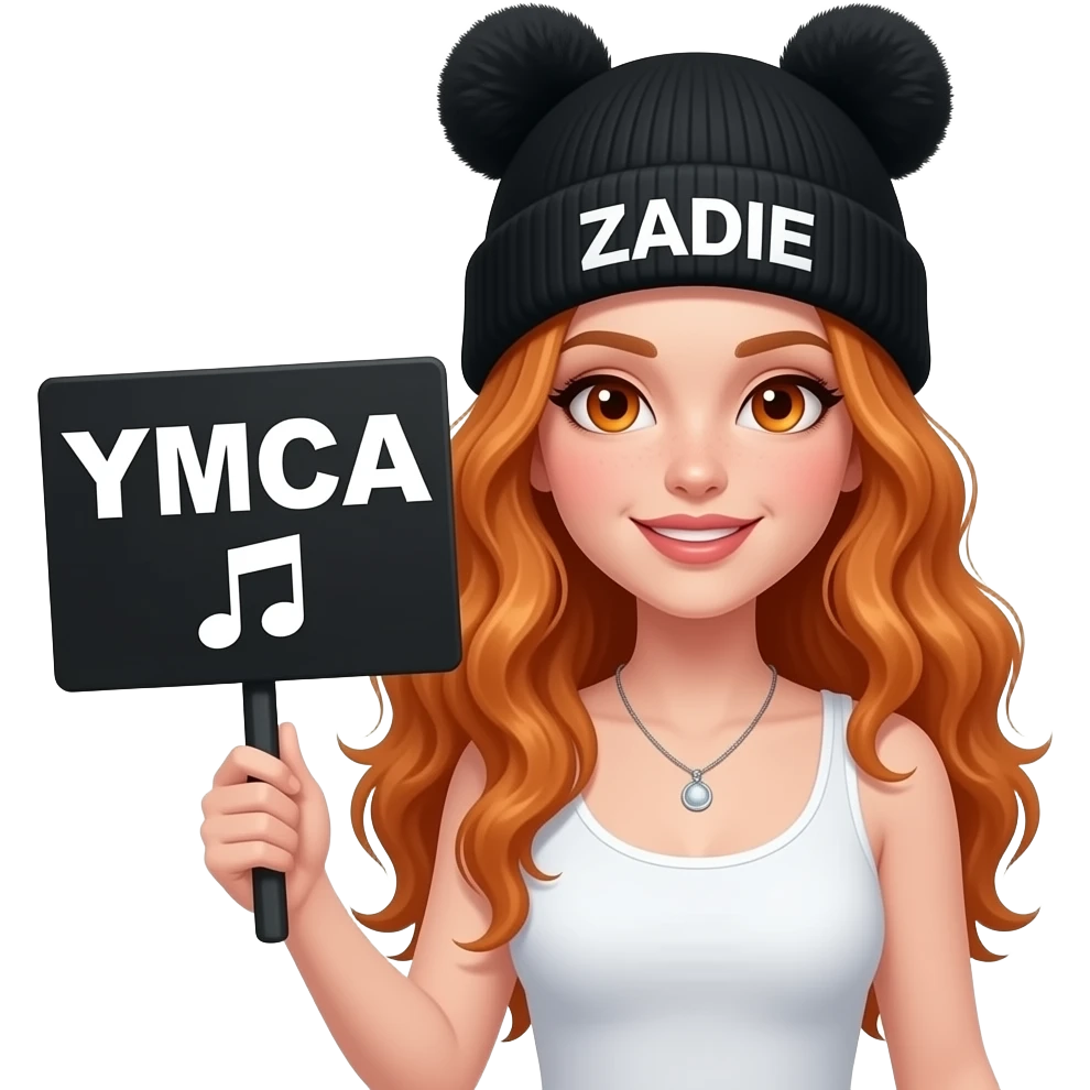 sexy girl with overlong wavy ginger hair and ginger eyes wearing a white tanktop and a black pom hat with ears with ZADIE written on it is holding a black sign with YMCA 🎵 on it emoji
