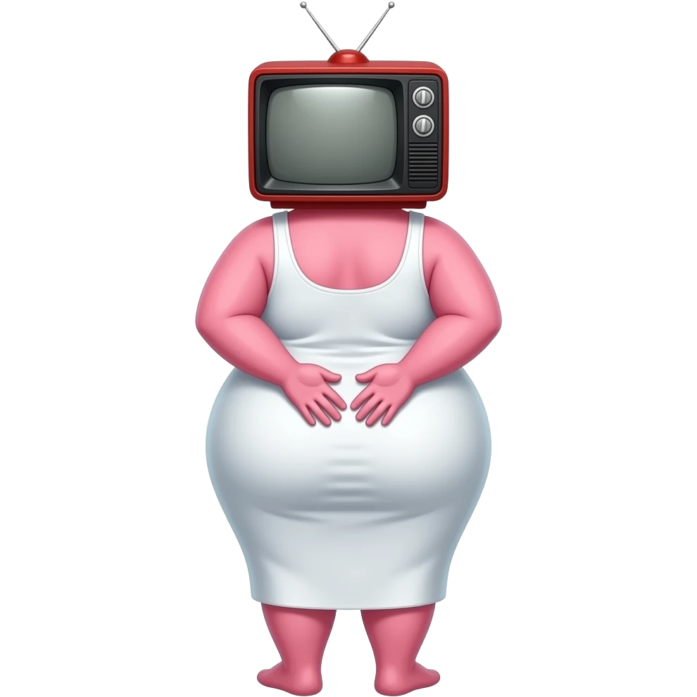 Anime extremely curvy and fat big booty a pink skin and a red tv head female creature showing back her buttocks with putting her hands behind the wall with her white long dress and big big big big big buttlocks with a tv head emoji