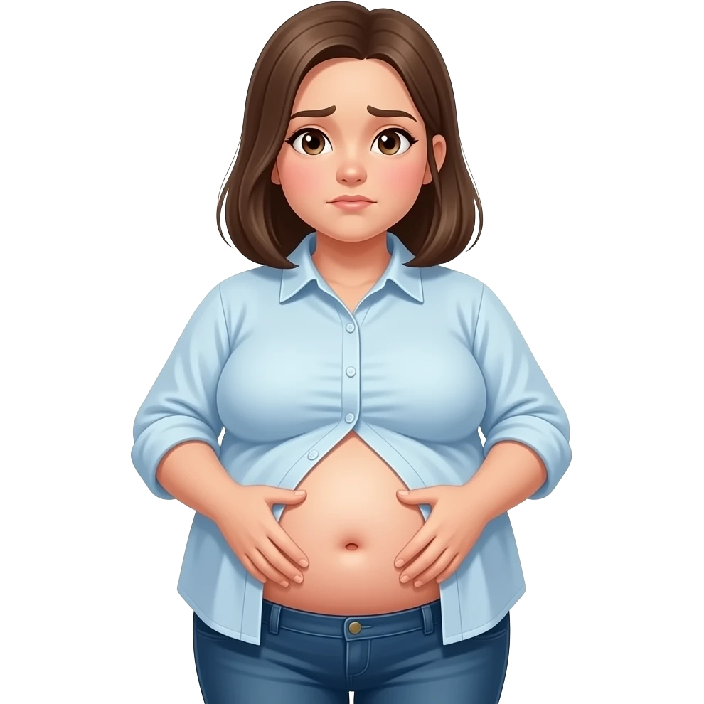 a girl with a huge stomach that is full to bursting,so bloated that she gets a tummyache,her bellybutton is poking out and her shrunk tight shirt buttonholes are at breaking point. emoji