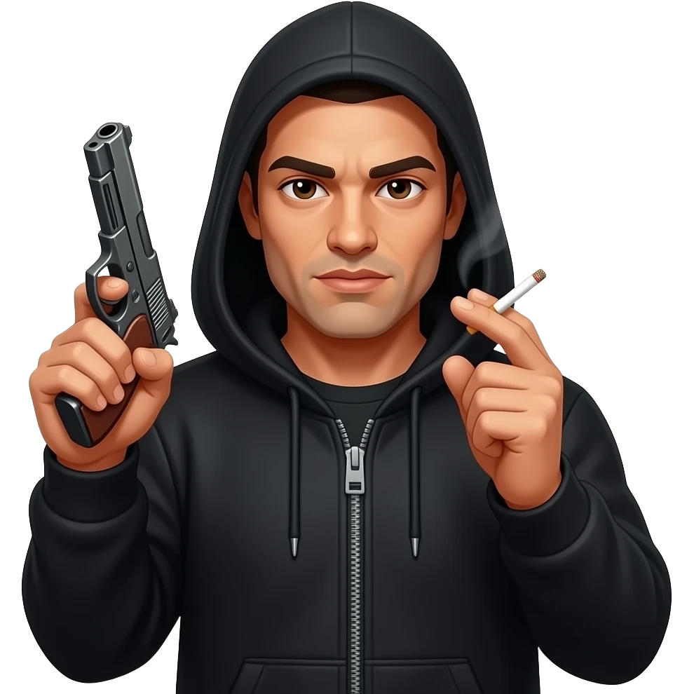 A gangster with a black hoody and a gun and cigarettes emoji