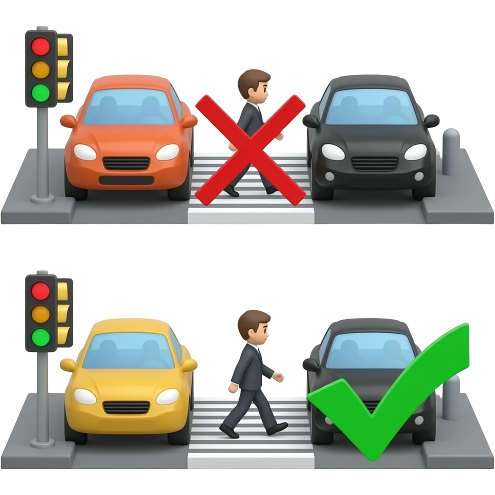 Simple 3D emoji scene demonstrating crosswalk safety rule, traffic  light red, cars stopped, pedestrian in middle of crossing with red  X (what NOT to do), safe waiting position shown with green checkmark,  before-after comparison, clean educational design, white background emoji