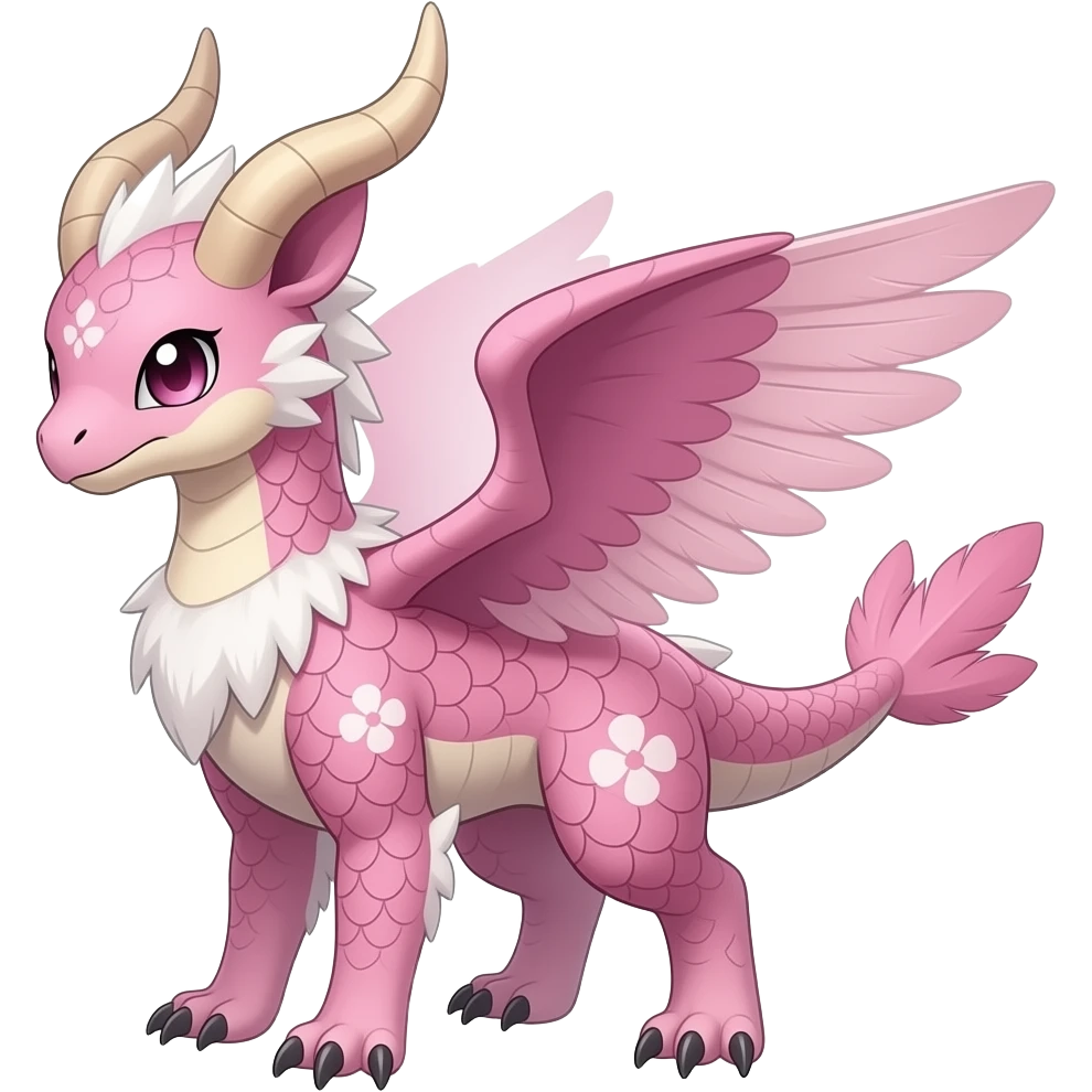 Floral rosy rose-colored blushing romantic beautiful gorgeous attractive pretty Raptorik scaley feathery horned Amaura-Wargreymon-Aurorus-ExVeemon-WereGarurumon-Pokémon-Fakémon-hybrid-fusion-creature, full body emoji
