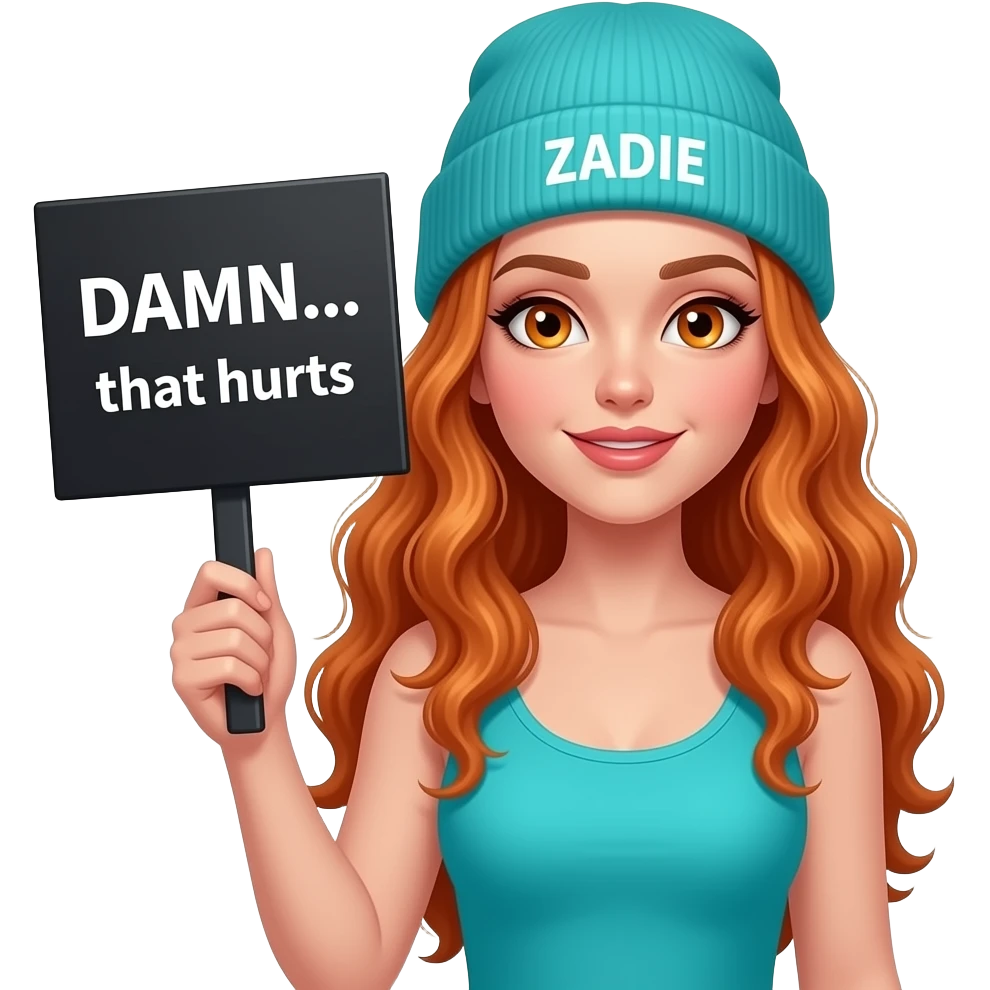 sexy girl with overlong wavy ginger hair and ginger eyes wearing a turquoise tanktop and a turquoise beanie with ZADIE written on it, is holding a black sign with DAMN... that hurts written on it emoji