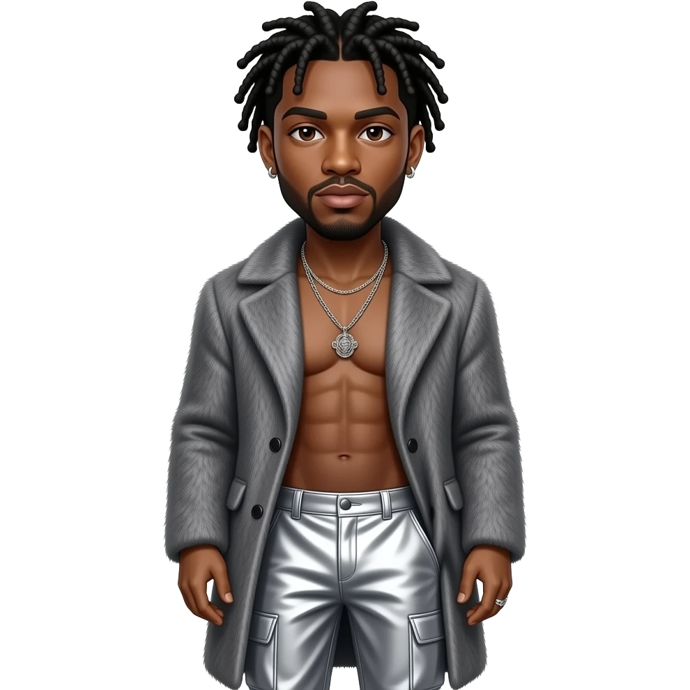 Josh Levi, R&B Singer with dark brown eyes,  black cornrows, gray fur coat, silver chrome baggy pants, shirtless with necklace and earrings emoji