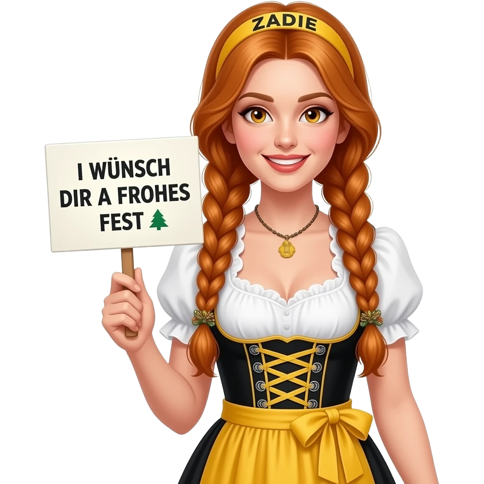 sexy girl with overlong ginger braids and ginger eyes wearing a black yellow dirndl and a yellow headband with ZADIE written on it, is holding a sign with I WÜNSCH DIR A FROHES FEST 🎄 written on it emoji