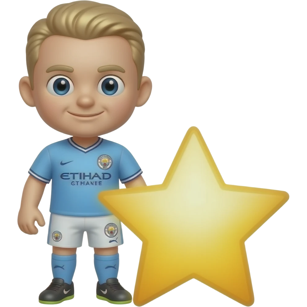 Haaland-inspired 3D emoji, full Manchester City jersey, 1 large glowing star beside body. emoji