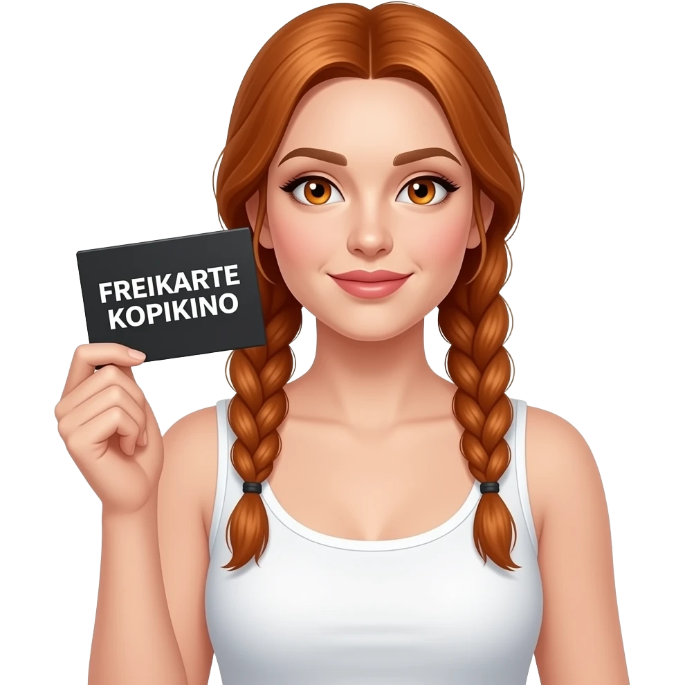 sexy girl with long ginger braids and ginger eyes wearing a white tanktop is holding a black sign with FREIKARTE KOPFKINO written on it emoji