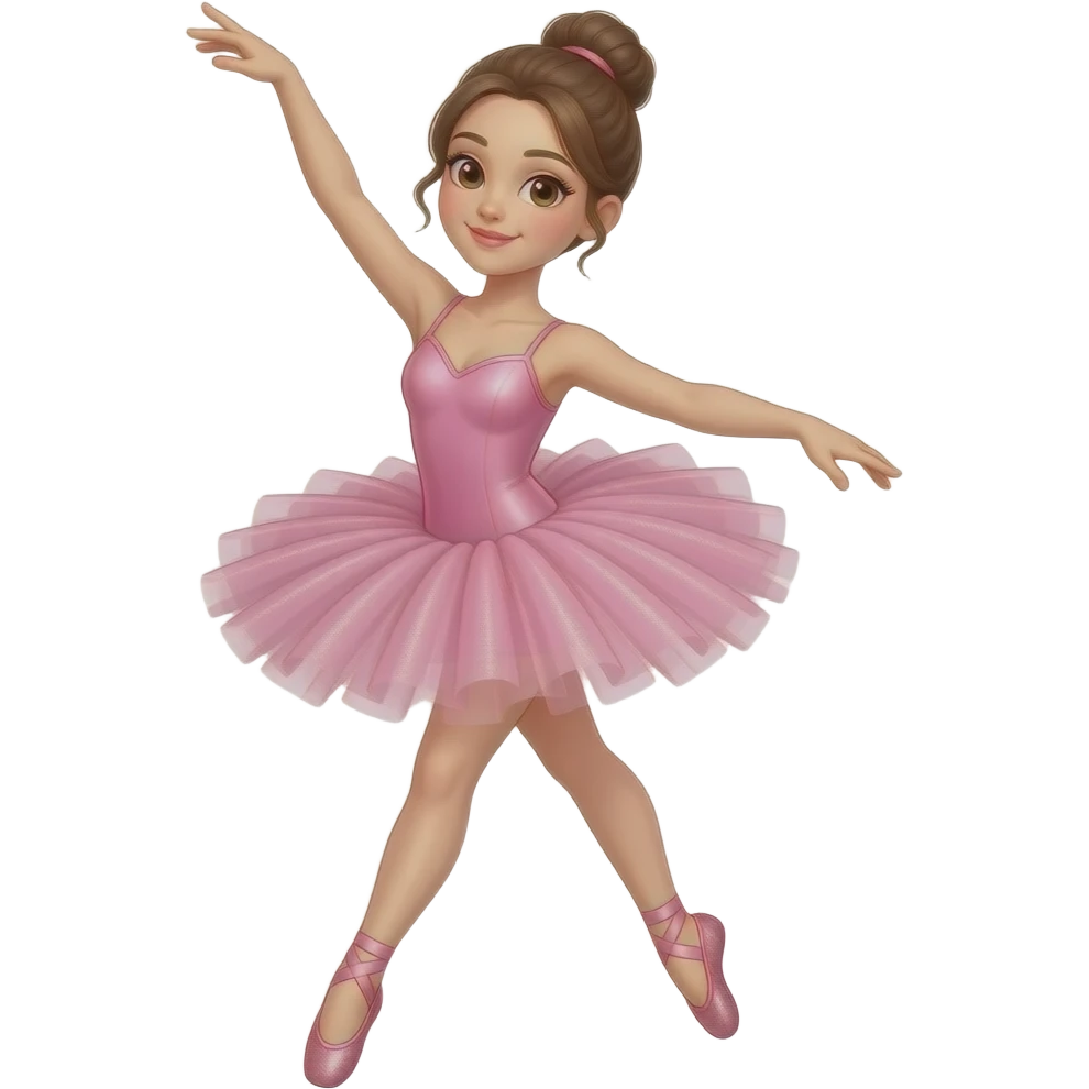 Bailarina com tule rosa brilhante de coque e cabelo loiro escuro olhos castanhos e sapatilha rosa com gliter dando pirueta emoji