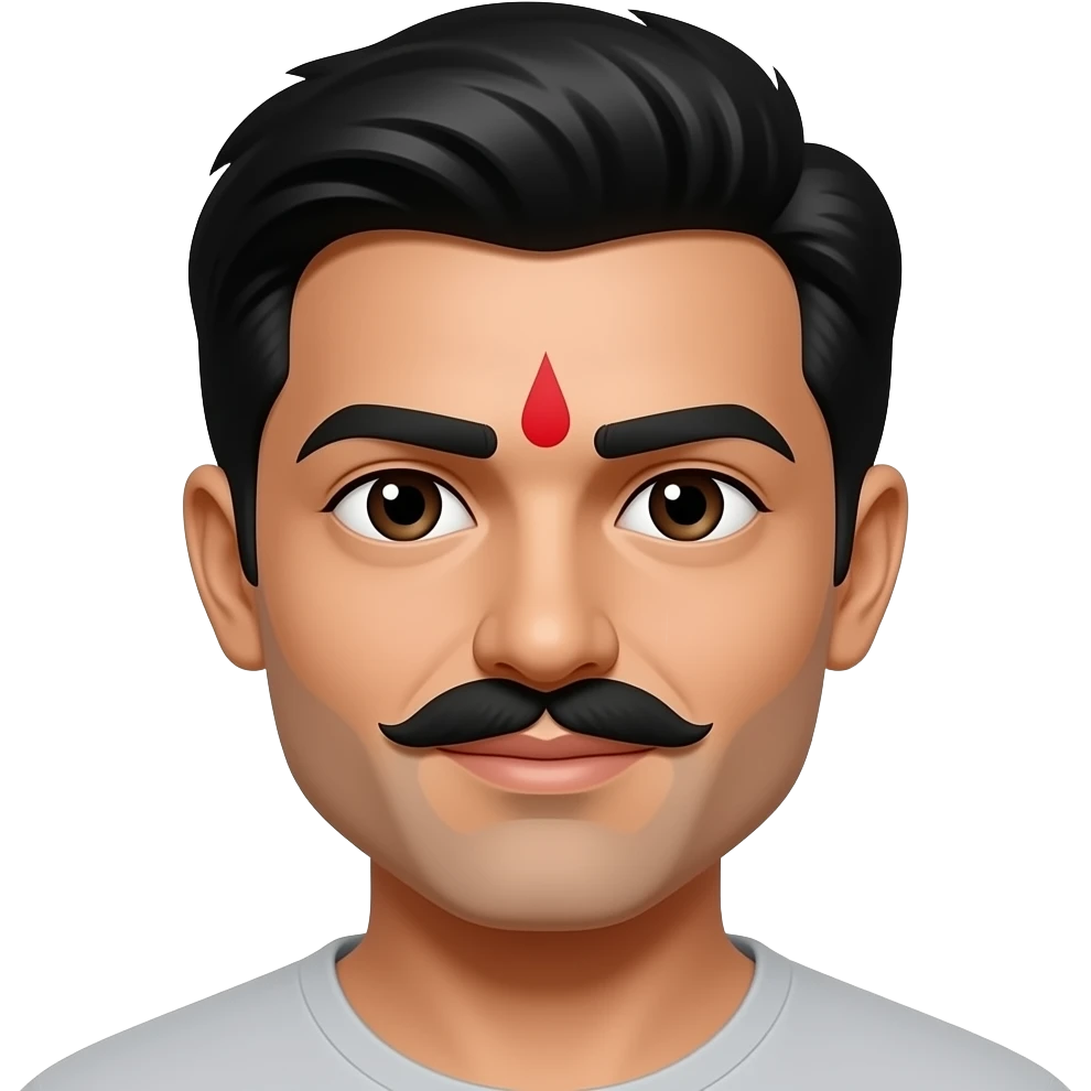 A black jont eyebrows with eyes no colors a red bindi and a moustache emoji