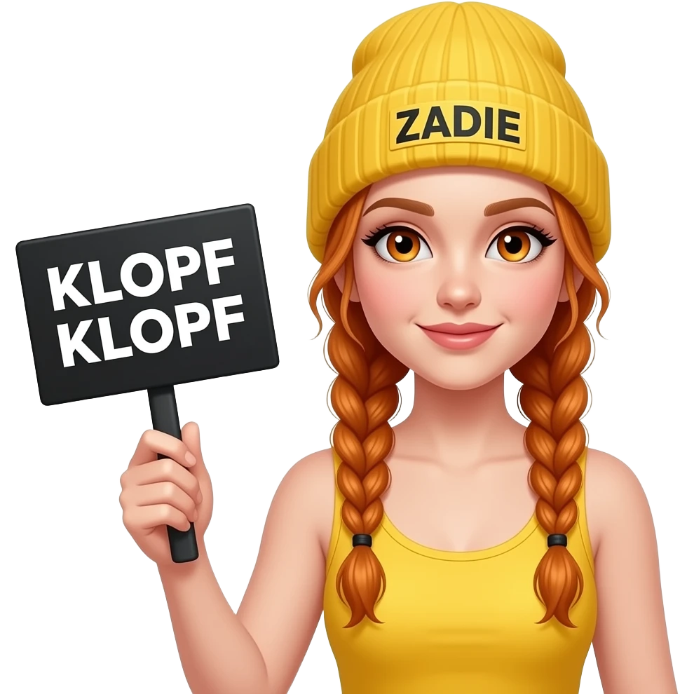 sexy girl with overlong ginger braids and ginger eyes wearing a yellow tanktop and a yellow beanie with ZADIE written on it, is holding a black sign with KLOPF KLOPF written on it emoji