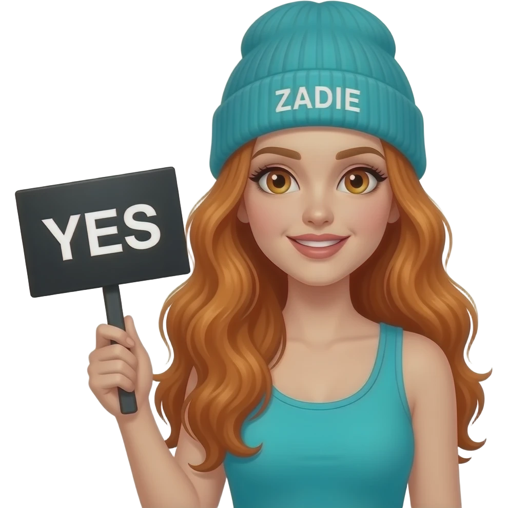 sexy girl with overlong wavy ginger hair and ginger eyes wearing a turquoise tanktop and a turquoise beanie with ZADIE written on it, is holding a black sign with YES written on it emoji