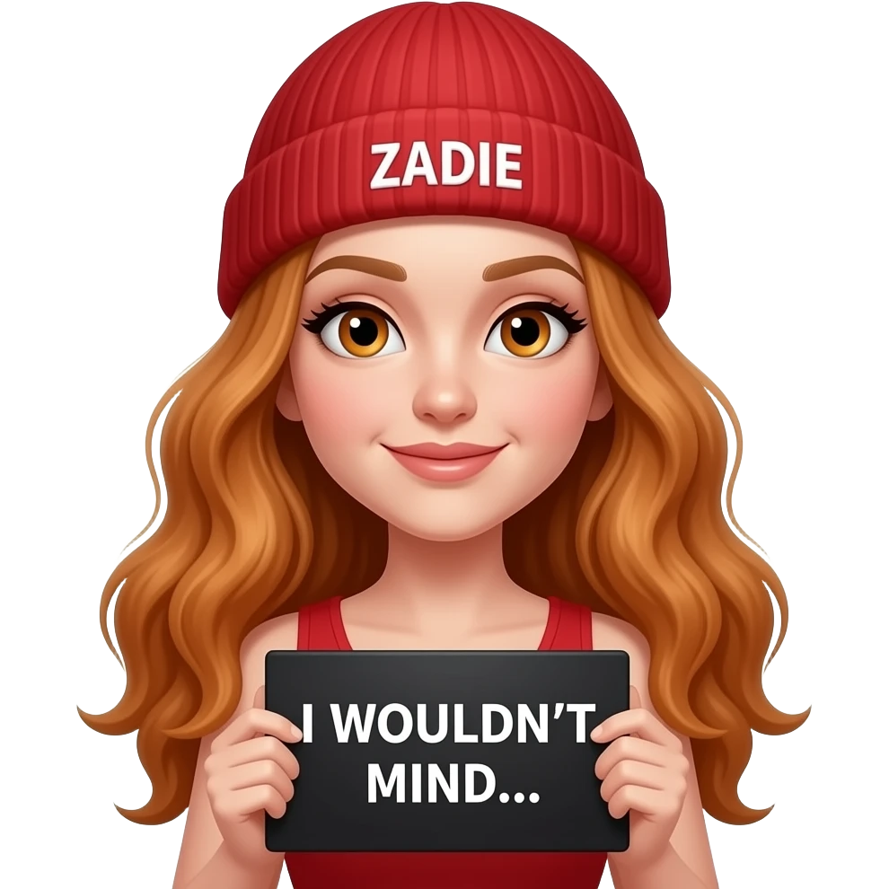 sexy girl with overlong wavy ginger hair and ginger eyes wearing a red tanktop and a red beanie with ZADIE written on it, is holding a black sign with I WOULDN'T MIND... written on it emoji