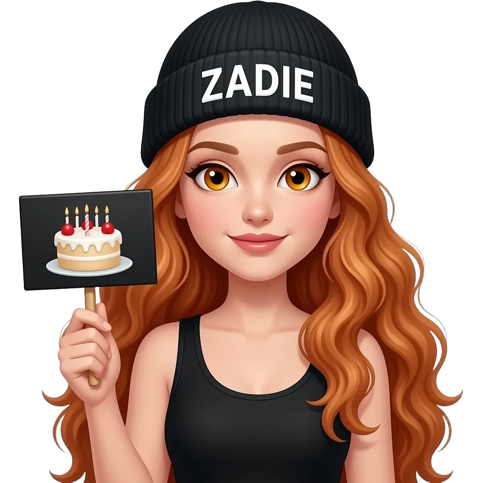 sexy girl with overlong wavy ginger hair and ginger eyes wearing a black tanktop and a black beanie with ZADIE written on it, is holding a black sign with 🎂 on it emoji