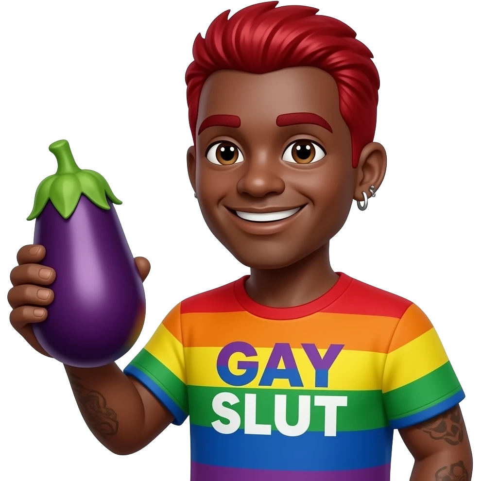 Smiling face  with eggplant in hand with a rainbow shirt that says gay slut and make him black with piercings ever where with red hair emoji