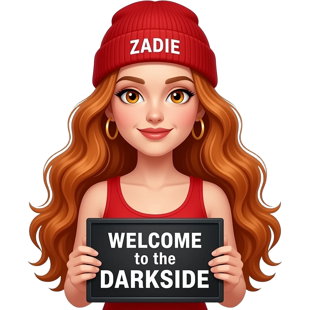 sexy girl with overlong wavy ginger hair and ginger eyes wearing a red tanktop and a red beanie with ZADIE written on it, is holding a black sign with WELCOME to the DARKSIDE written on it emoji