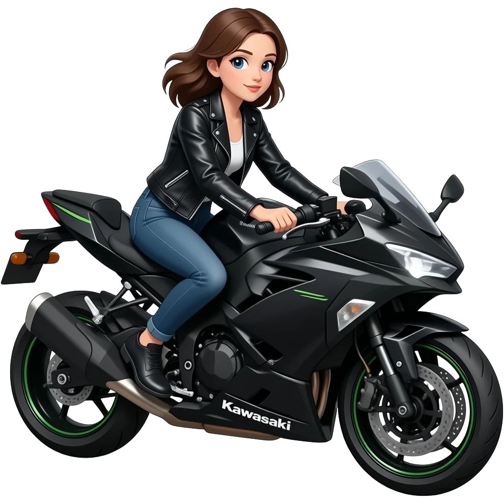 A girl that she's on the a kawasaki motorcycle in a dark style emoji