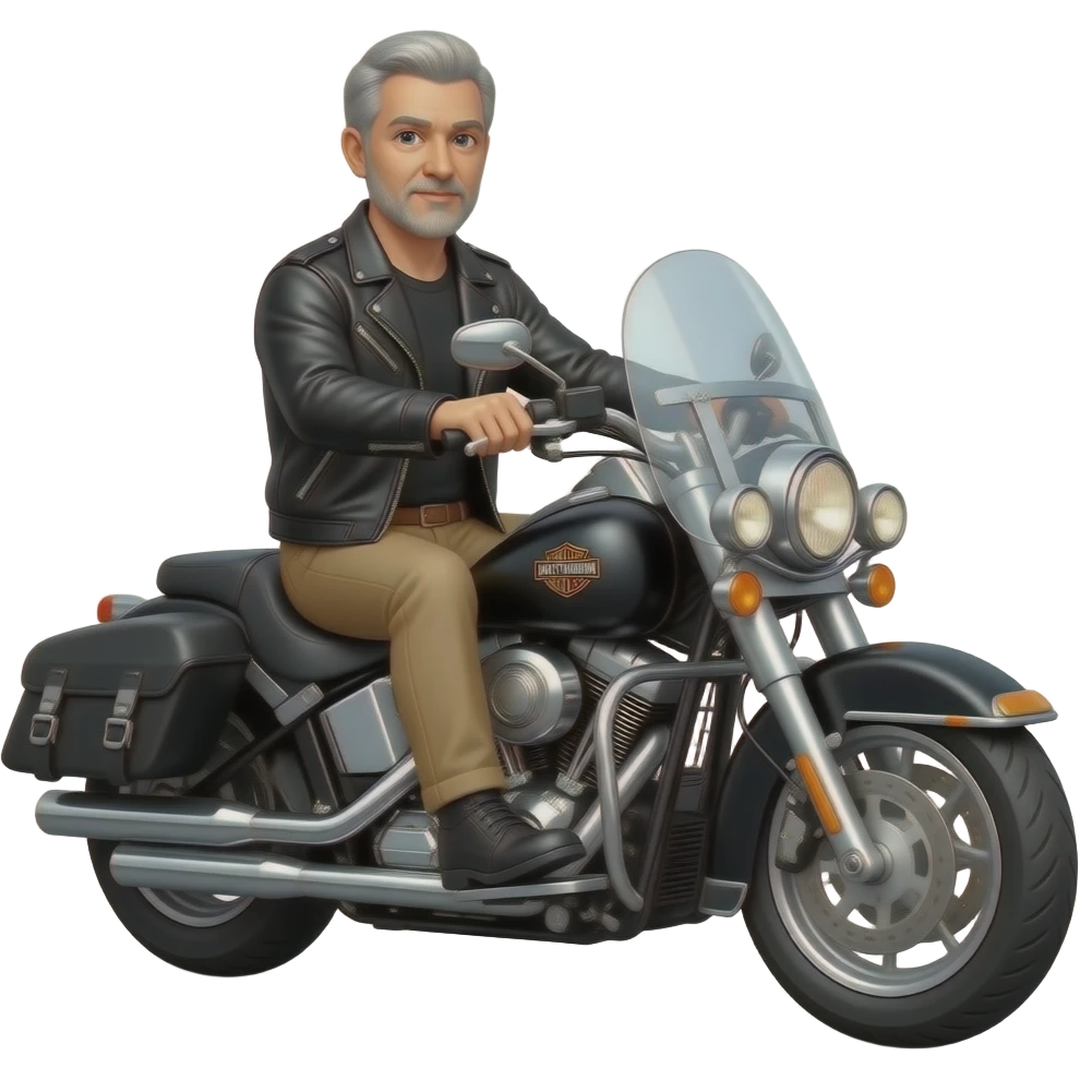 Gray hair clean shaven man with no beard in black leather jacket and black shirt and tan pants riding on a harley with a windshield and saddlebags emoji
