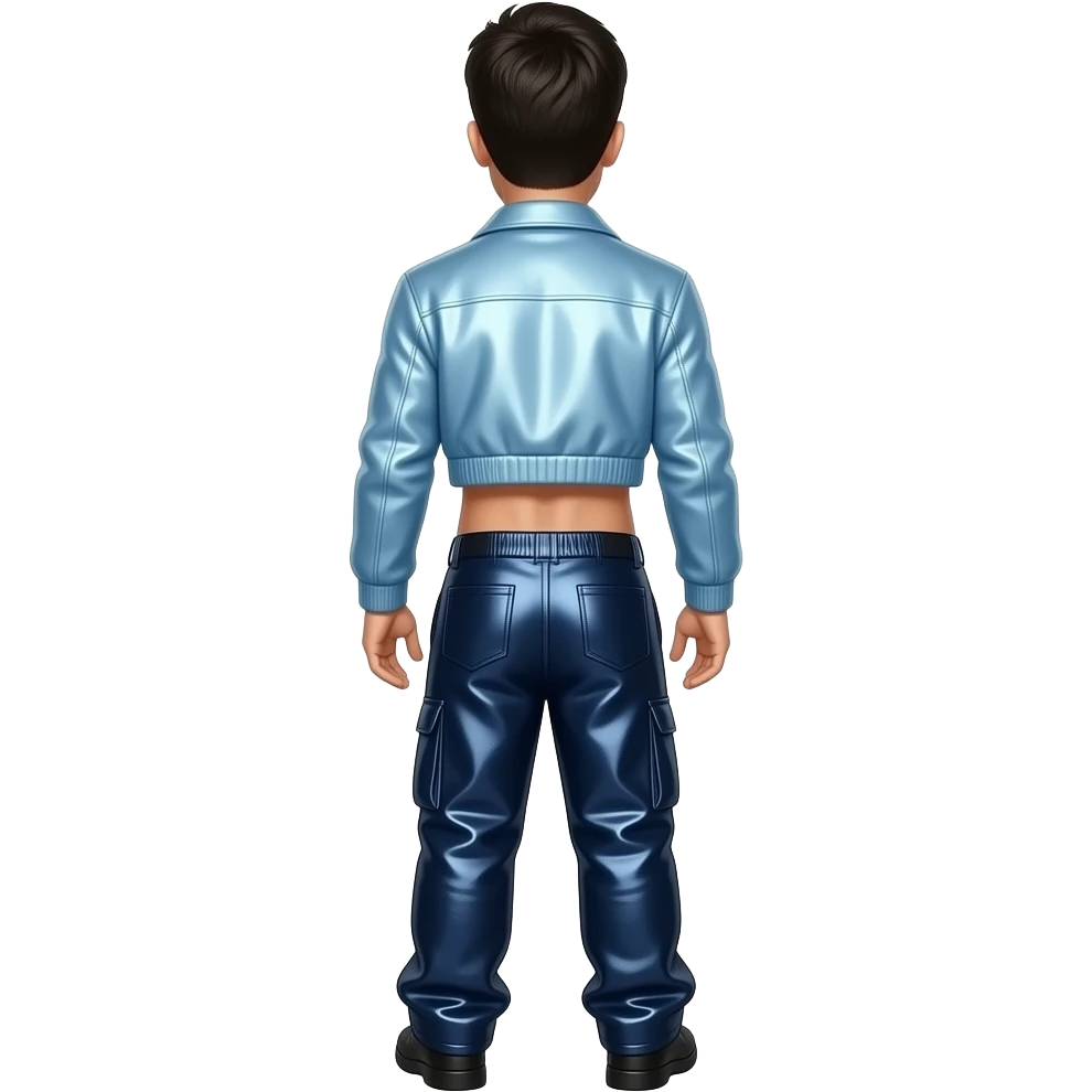 AJ McLean from behind with black hair, periwinkle metallic jacket crop top, dark indigo metallic baggy pants, shirtless emoji