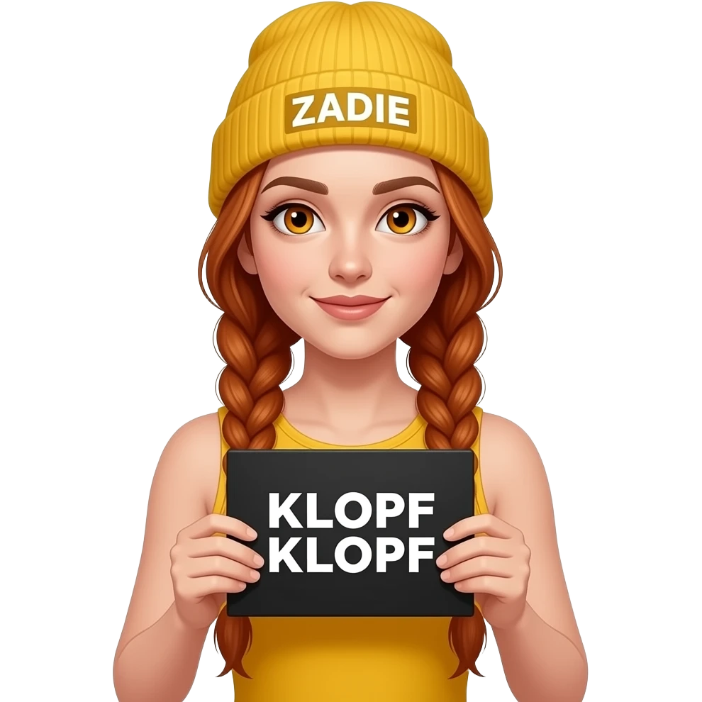 sexy girl with overlong ginger braids and ginger eyes wearing a yellow tanktop and a yellow beanie with ZADIE written on it, is holding a black sign with KLOPF KLOPF written on it emoji