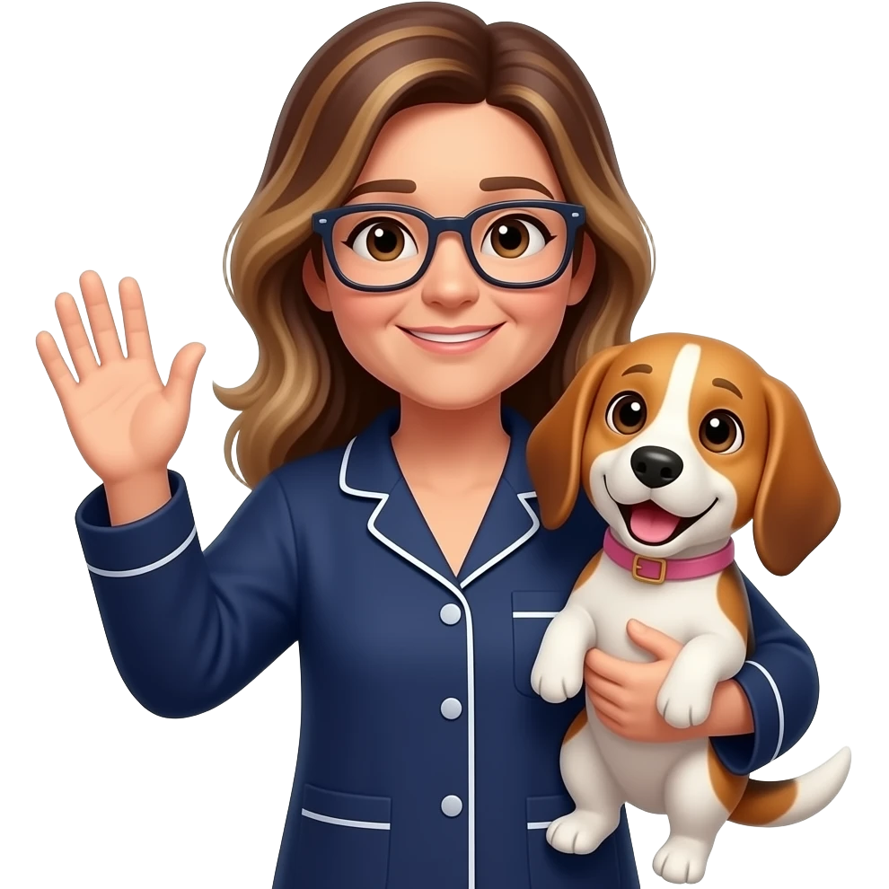 50-year-old drowsy woman with dark brown eyes,  long brown balayage hair, parted on the left, with pale skin, with dark navy rectangular glasses, holding a beagle that looks happy. She is wearing a navy pajamas. The beagle has a pink collar. The woman is waving goodbye. Zzz above beagle emoji