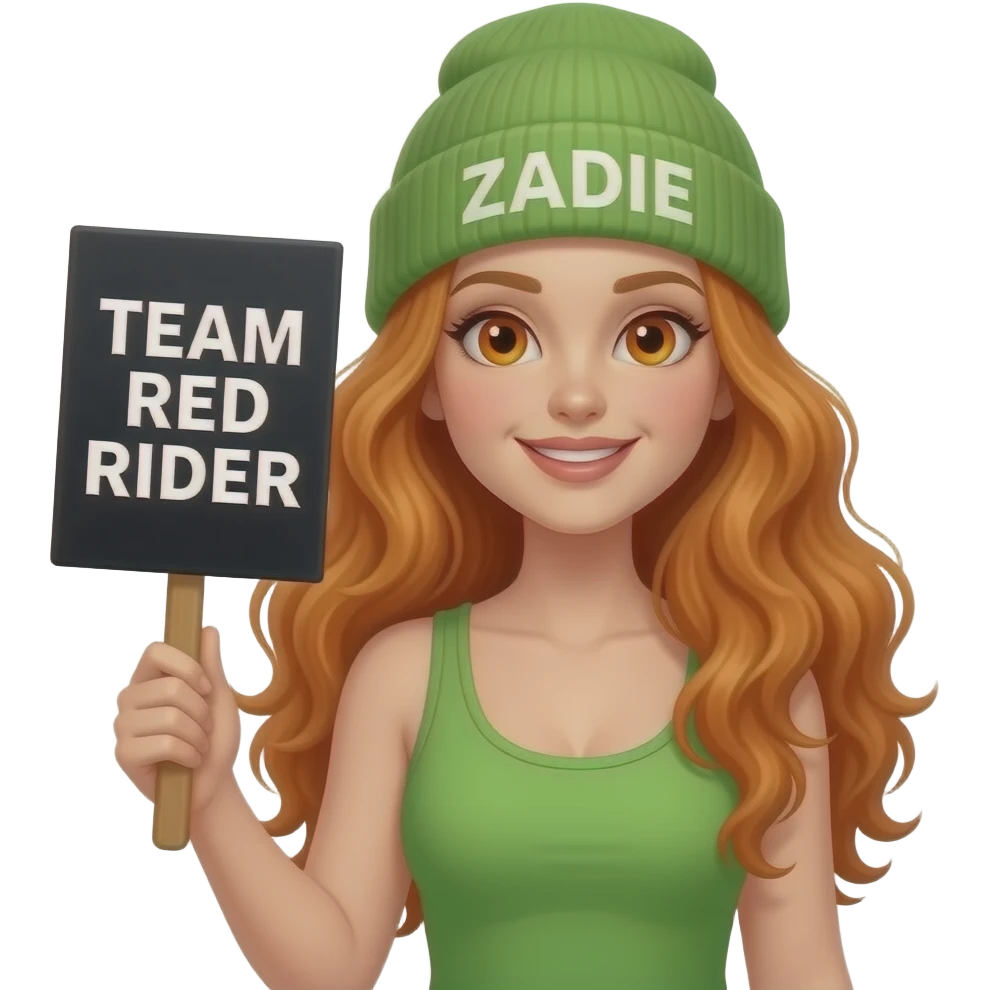 sexy girl with overlong wavy ginger hair and ginger eyes wearing a green tanktop and a green beanie with ZADIE written on is holding a black sign with just TEAM RED RIDER on it emoji