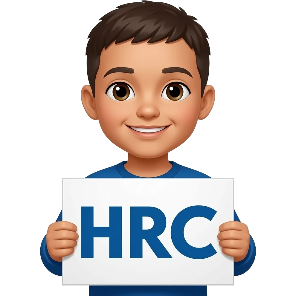 어린이가 팻말을 들고 있고 팻말에는 HRC가 적혀있다 emoji