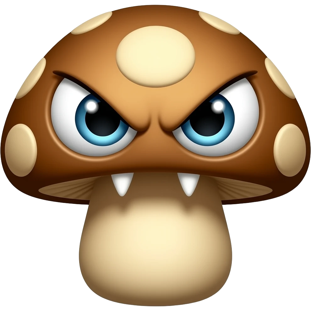 a brown mushroom with big eyes and angry mouth with two pointy teeth emoji
