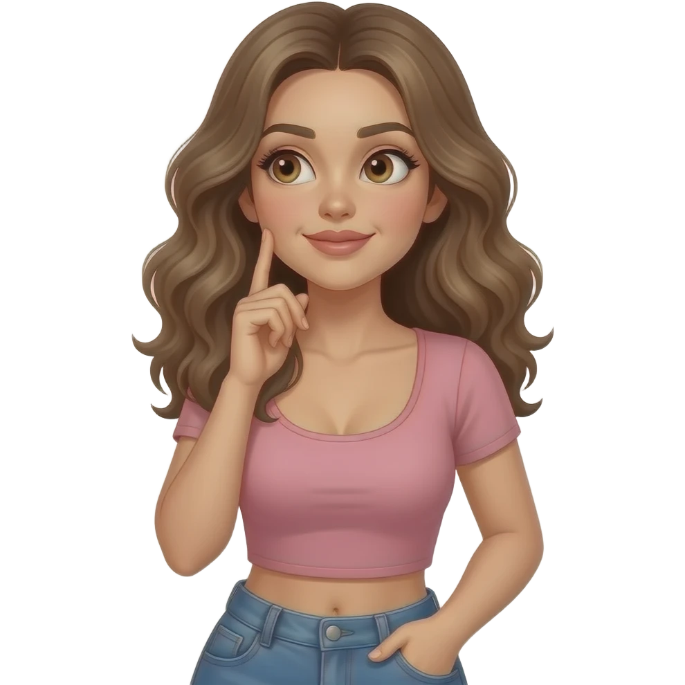 Woman thinking and looking up wearing dusty pink crop top with jean pants. Brown eyes and dark blonde wavy fluffy hair. Very pretty and sexy and seducing eye look emoji