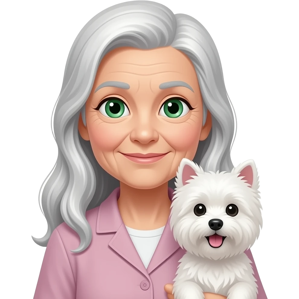 quero uma mulher mais velha olho verde com cabelo grande segurando um spitz alemão branco emoji