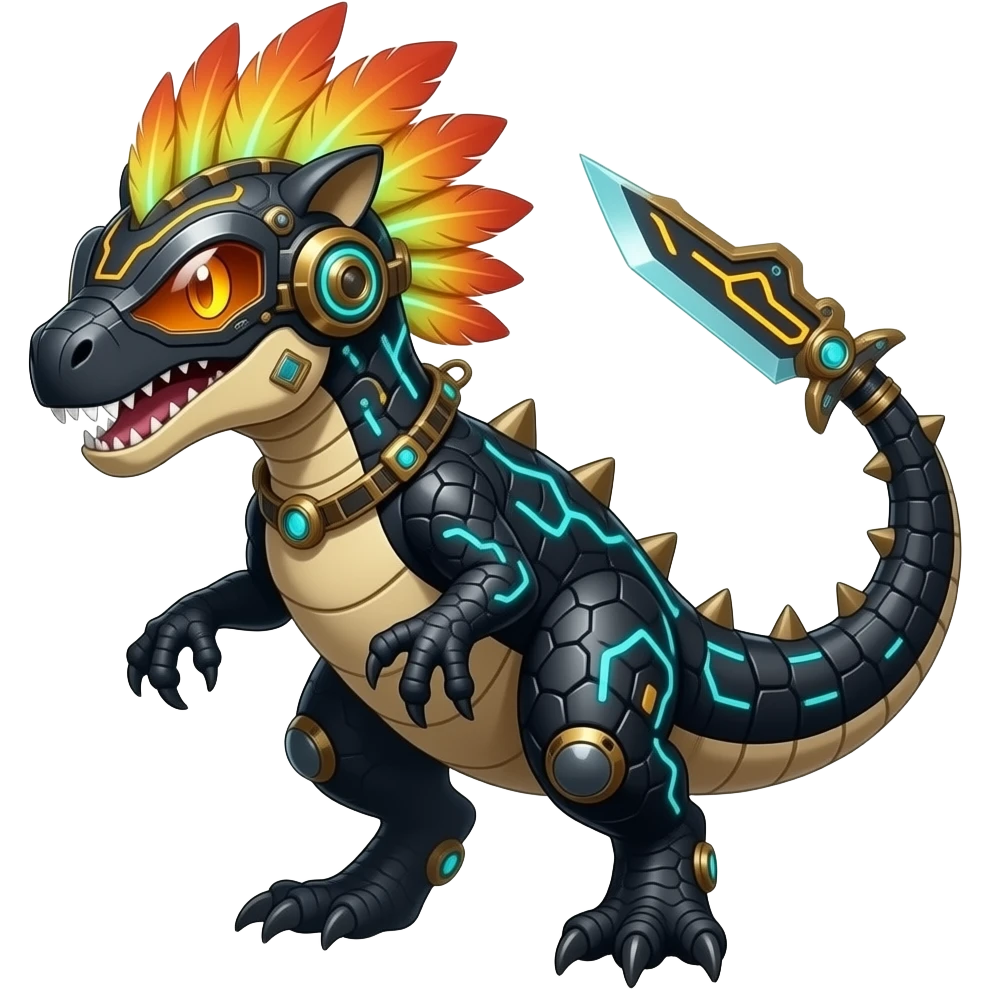 Cool edgy fiery cybernetic electrical visor-helmeted, Circuitry-patterned black-scaled digitigrade futuristic raptorik fantasy-Cyberpunk-Steampunk-Solarpunk-Genesect-Salamence-Cyclizar-Salazzle-Feraligatr-Fakémon-animal-hybrid, with neon feather-mane, and a tail blade, back spikes emoji
