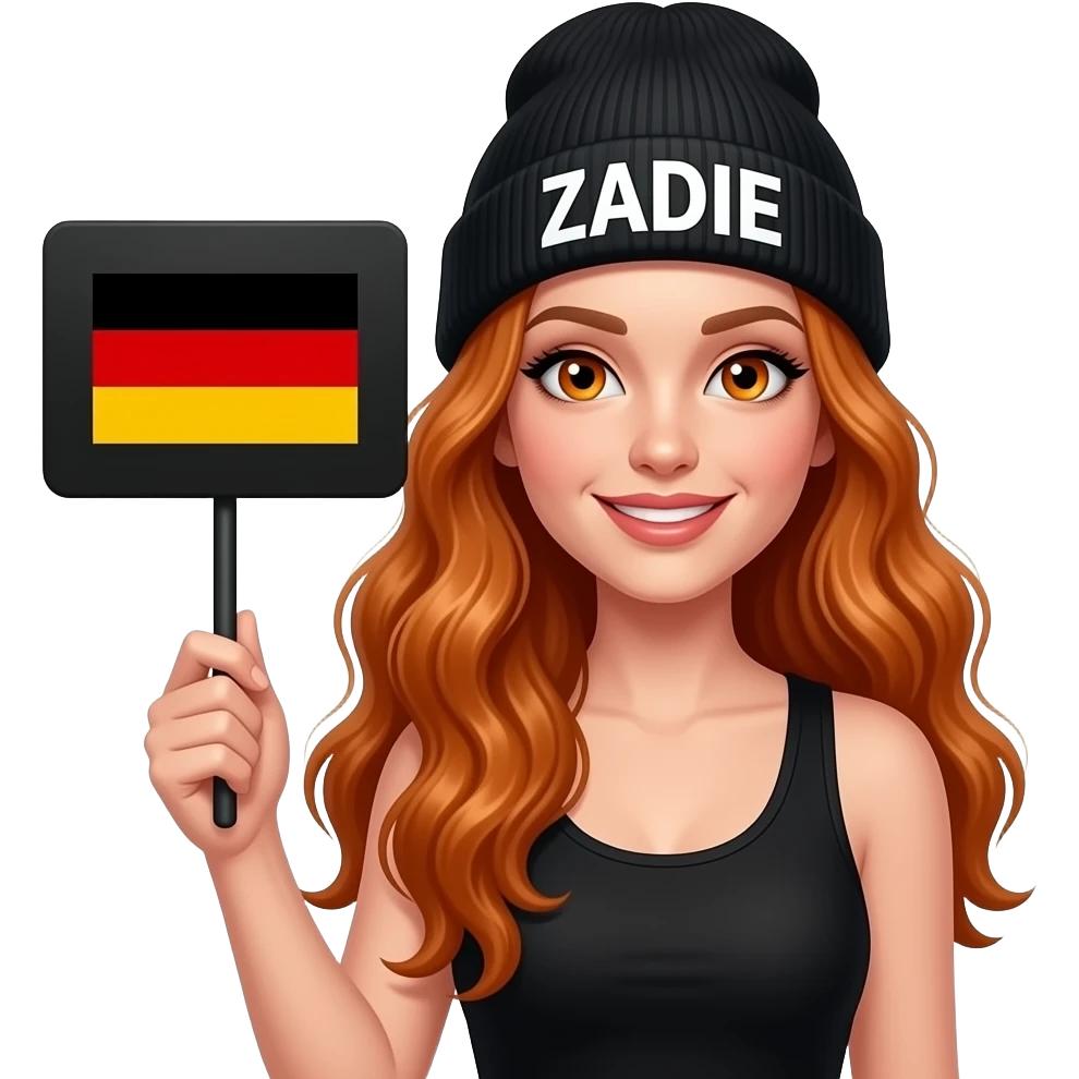sexy girl with overlong wavy ginger hair and ginger eyes wearing a black tanktop and a black beanie with ZADIE written on it, is holding a black sign with Deutschland	🇩🇪 on it emoji