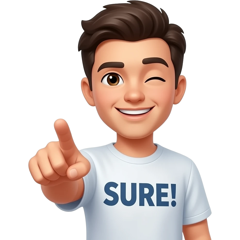A young man pointing finger at the camera smiling and winking wearing a t shirt with the word SURE! Printed on it emoji