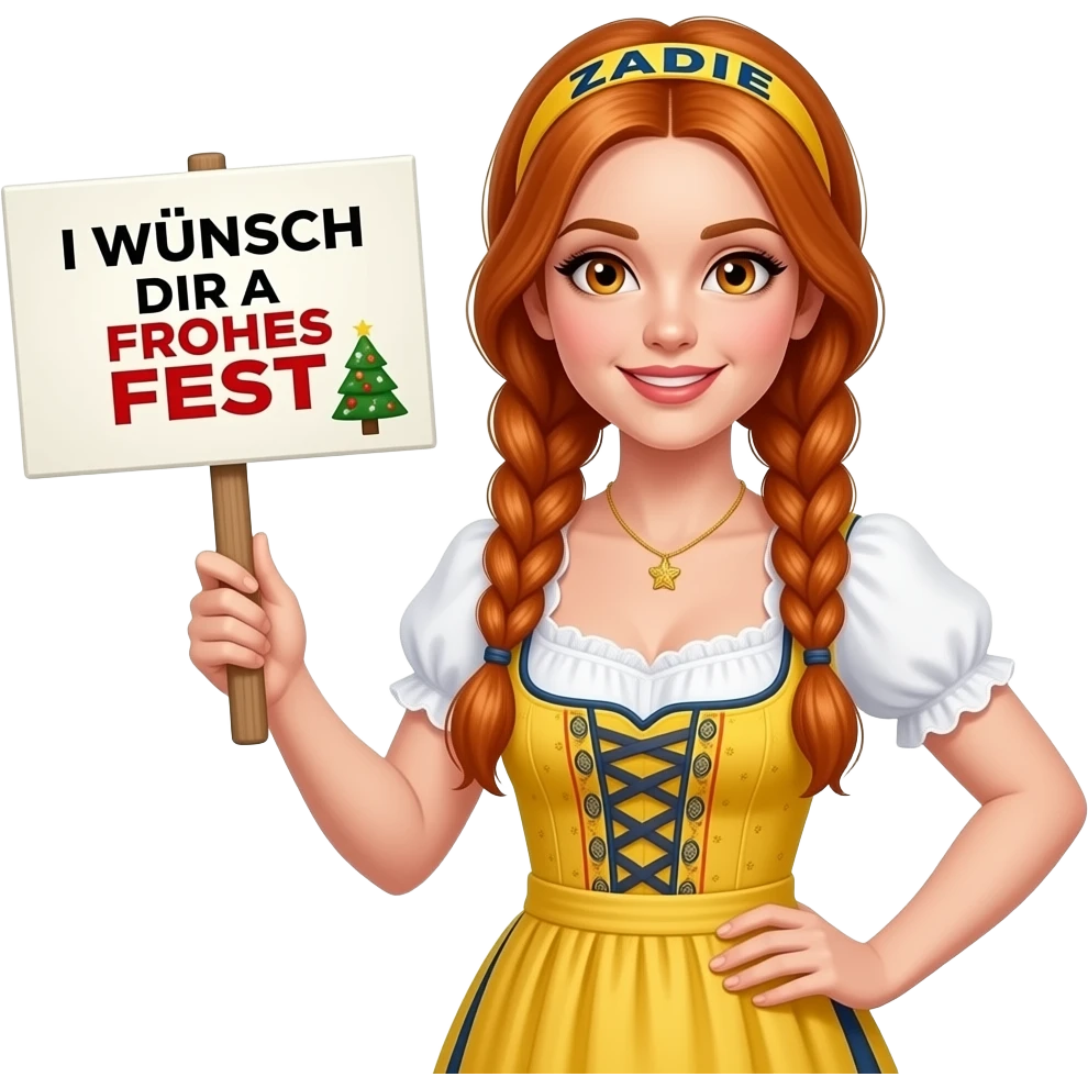 sexy girl with overlong ginger braids and ginger eyes wearing a yellow dirndl and a yellow headband with ZADIE written on it, is holding a sign with I WÜNSCH DIR A FROHES FEST 🎄 written on it emoji