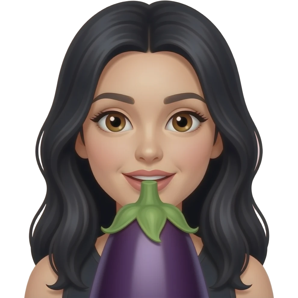 Long Black hair brown eyes licking a big eggplant emoji