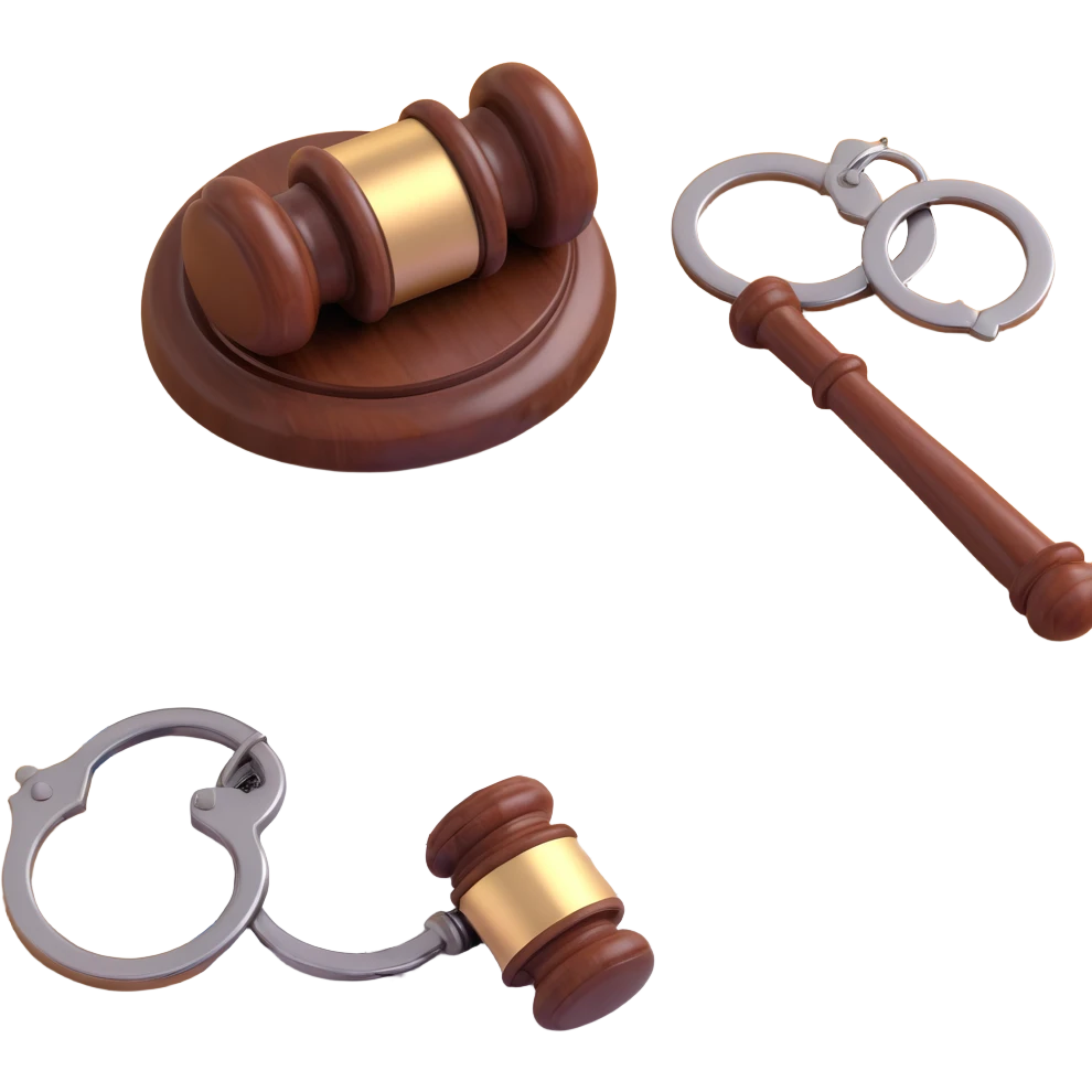 realistic 3D icon of a court document (arrest warrant) with large letters at the top saying 'WARRANT', body text, a signature and official stamp at the bottom, accompanied by a brown wooden gavel and a pair of metal handcuffs, brightly lit, isolated emoji