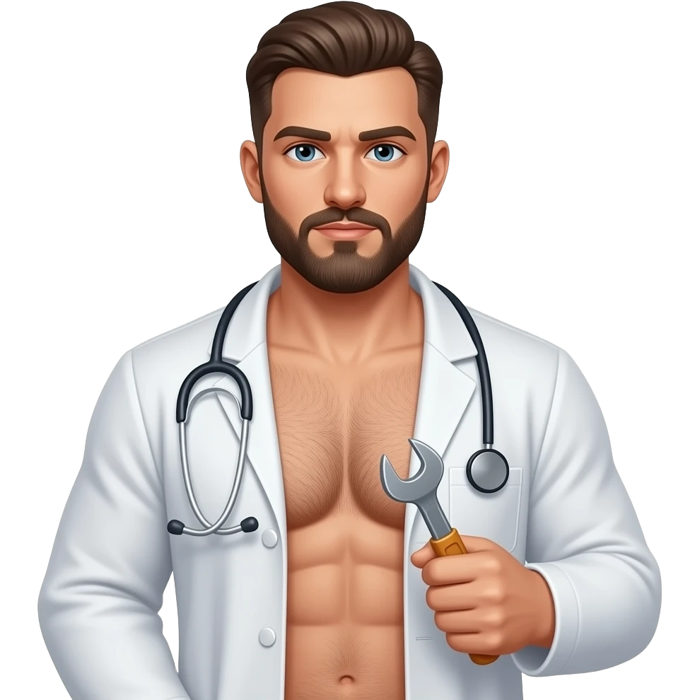 Erstelle ein Portrait von einem muskulösen nackten Mann doctor, er hat eine behaarte Brust und Bart, seine Brust soll gut mit auf dem Bild zusehen sein und er hat ein Werkzeug in der Hand emoji
