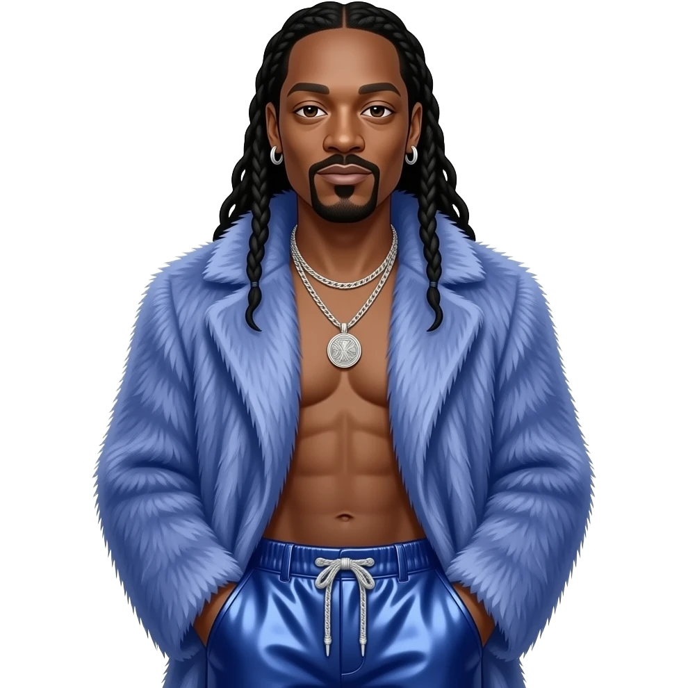Snoop Dogg with dark brown eyes, long black hair, periwinkle fur coat, periwinkle blue metallic baggy pants, shirtless with necklace and earrings emoji
