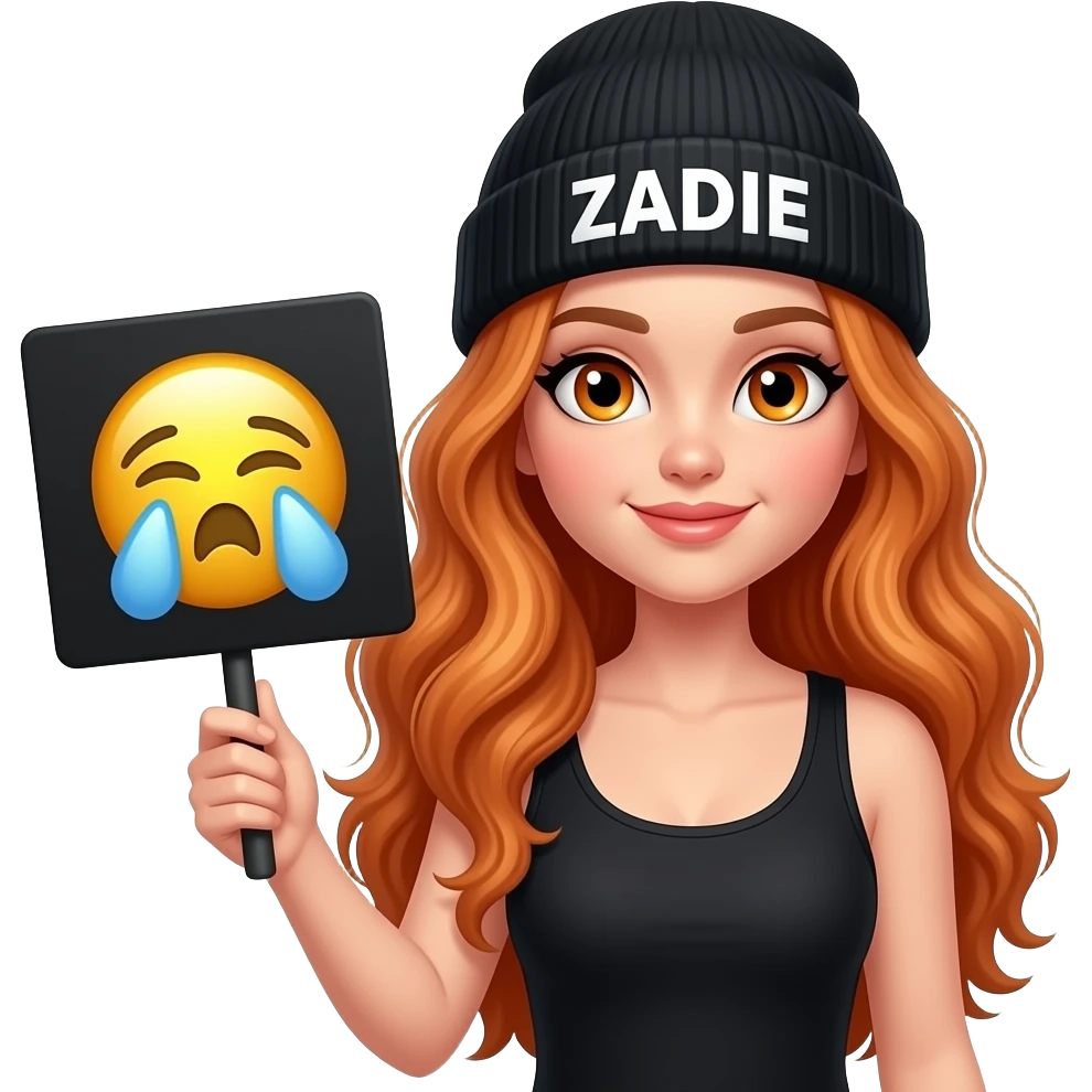 sexy girl with overlong wavy ginger hair and ginger eyes wearing a black tanktop and a black beanie with ZADIE written on it, is holding a black sign with 🤧 on it emoji