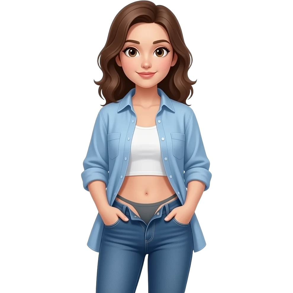 A full-length shot of a woman in jeans, her pants unbuttoned, thong. Her jeans shirt is unbuttoned and her hands are in her pockets. emoji