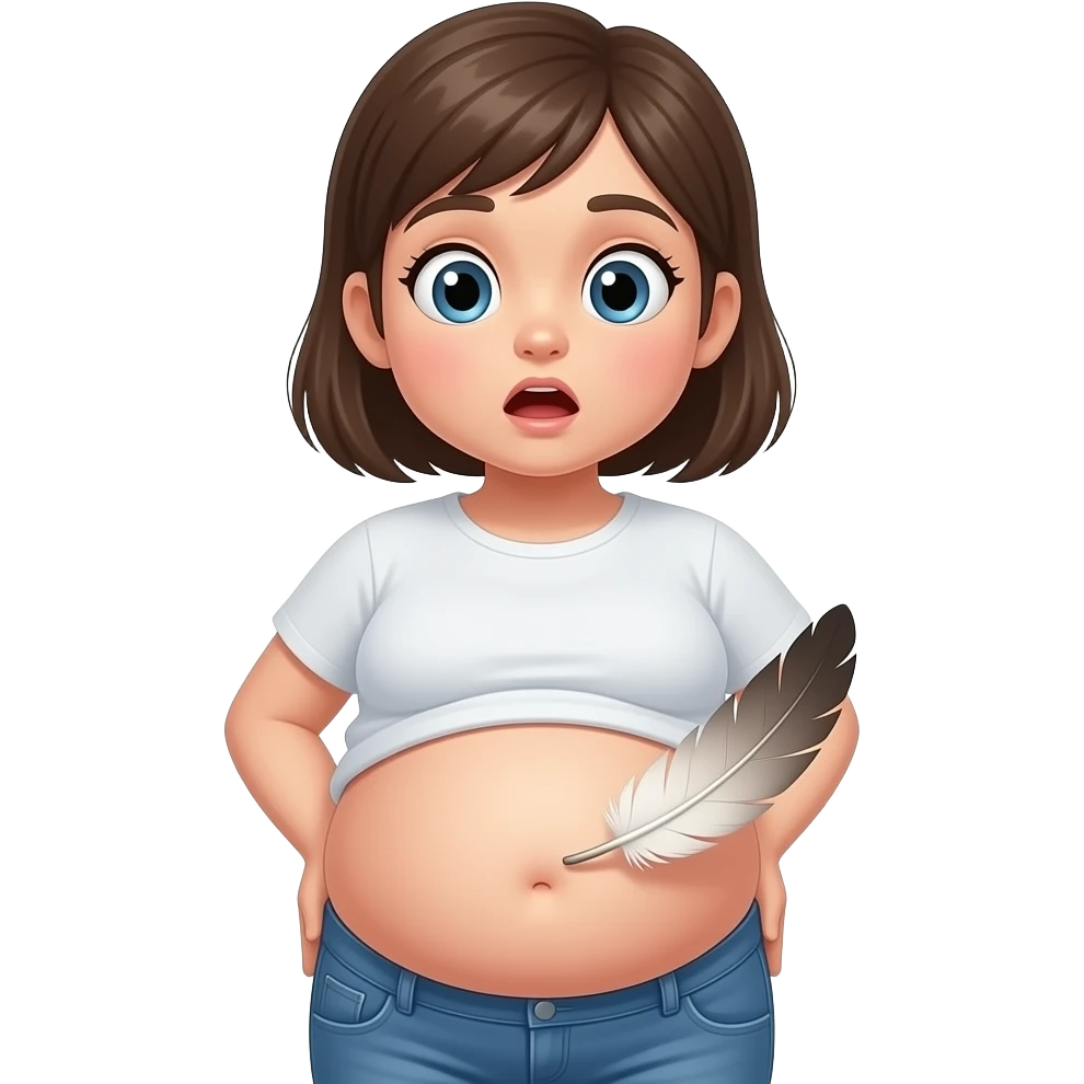 A girl with a huge bloated belly,now faces a battle with a feather that wants to tickle her bellybutton. emoji