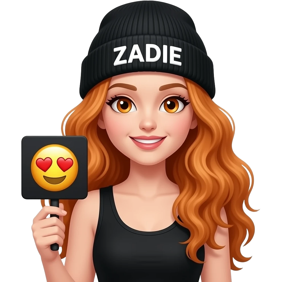 sexy girl with overlong wavy ginger hair and ginger eyes wearing a black tanktop and a black beanie with ZADIE written on it, is holding a black sign with 😍 on it emoji