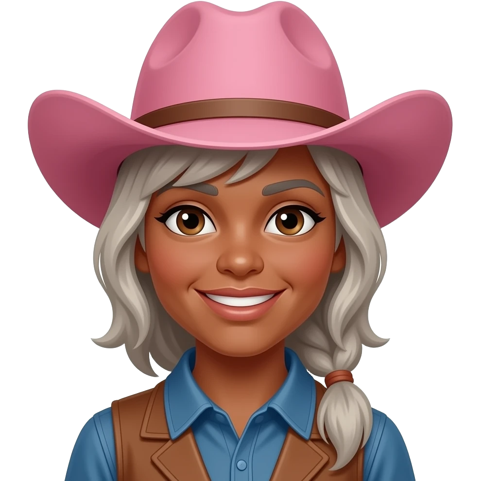 Old Cowgirl with pink hat dark tanned skin grey/blonde hair brown eye brows brown eyes emoji