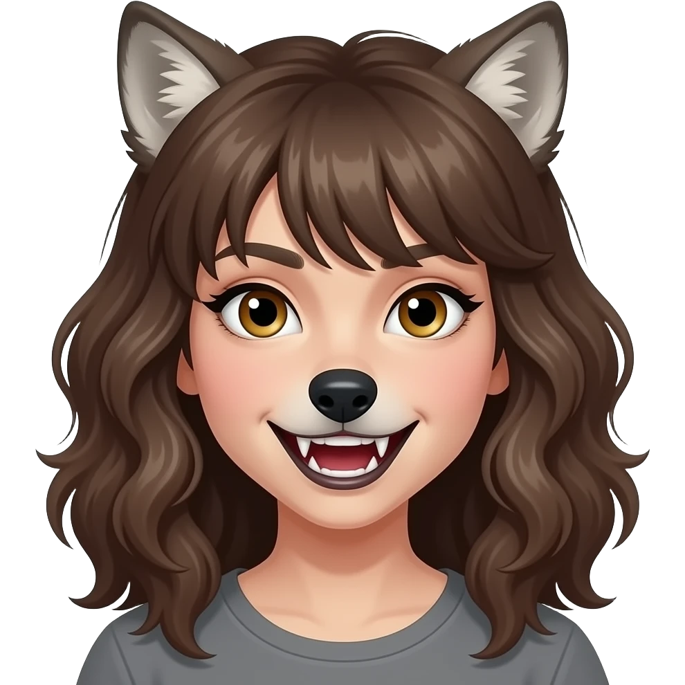 Werewolf girl with brown hair wavy hair, fangs young emoji